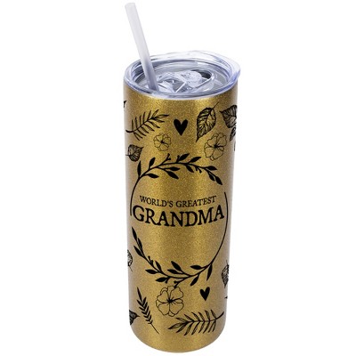 Elanze Designs Floral Vegas Gold 20 Ounce Double Wall Stainless Steel Glitter Travel Tumbler With Sliding Lid And Straw, World's Greatest Grandma