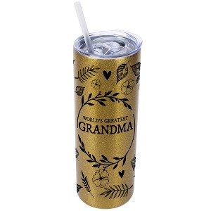 Elanze Designs Floral Vegas Gold 20 Ounce Double Wall Stainless Steel Glitter Travel Tumbler With Sliding Lid And Straw, World's Greatest Grandma - 1 of 4