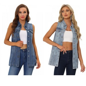 INSPIRE CHIC Women's Sleeveless Casual Button-Down Side Pockets Long Jean Vests 2 Packs - 1 of 4