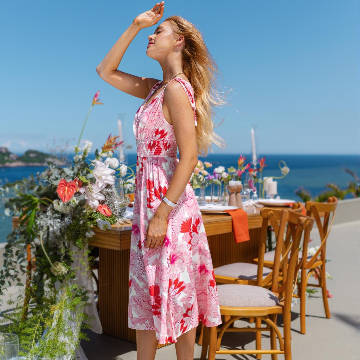 Женские платья Cupshe Women's Midi A-Line Dress with Floral Print for Weddings-L-Pink — фото 4