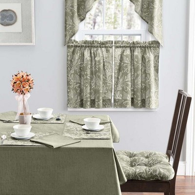 Sage Green Cotton Polyester Leaf Pattern Window Curtain Tiers 56"x36"
