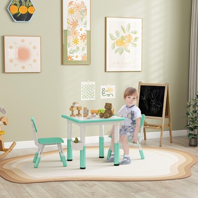 Lirago Kids Wood Table and 2 Chairs Set with Easy Wipe Tabletop Adjustable Height Children Activity Table Toddler Furniture Set with Storage Green