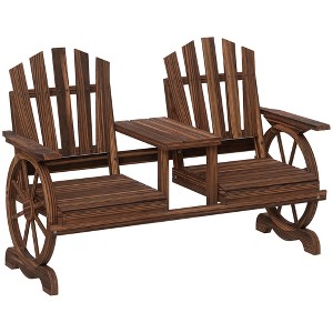 Outsunny Wooden Garden Bench with Table, Umbrella Hole, 2-Seat Wagon Wheel Outdoor Bench, High Backrest, Armrests for Backyard, Patio - 1 of 4