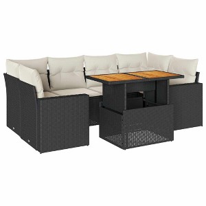 vidaXL Patio Sofa Set with Cushions Lounge Set Outdoor 7 Piece Poly Rattan - Black and Cream with Storage - 1 of 4