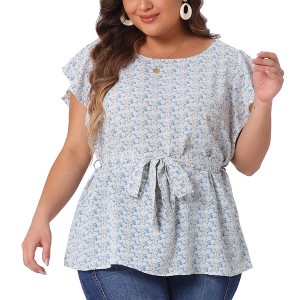 Agnes Orinda Women's Plus Size Crew Neck Floral Tie Waist Ruffle Flare Sleeve Blouses - 1 of 4