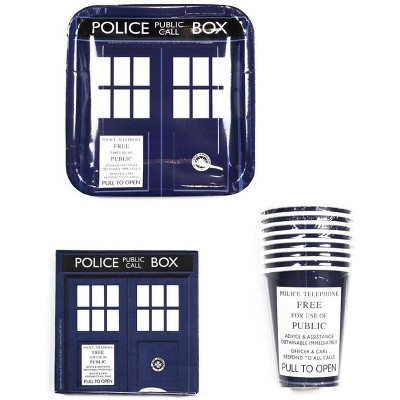 Doctor Who Tardis Party Set: 9 Plates (x8), 9oz Cups (x8), 6.5 Napkins (x20)