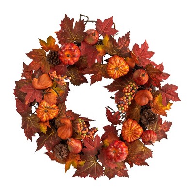 Nearly Natural 24” Autumn Maple Leaves, Pumpkin, Pinecone and Berries Artificial Fall Wreath