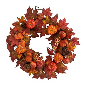 Nearly Natural 24” Autumn Maple Leaves, Pumpkin, Pinecone and Berries Artificial Fall Wreath - 1 of 3