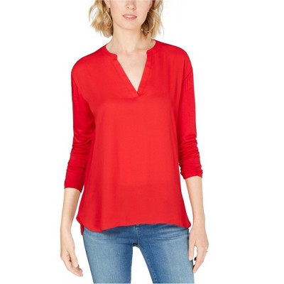I.N.C International Concepts Womens Split Neck Pullover Blouse, Red, Medium