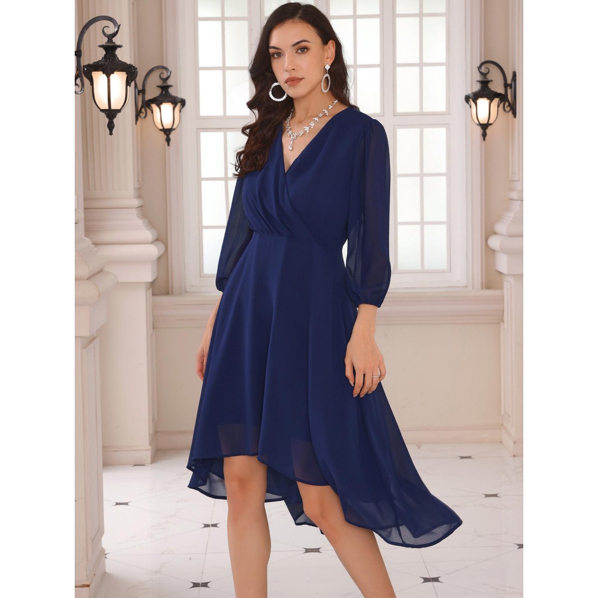 Женские платья INSPIRE CHIC Women's V Neck Sheer 3/4 Sleeve Wrap Cocktail Midi Dresses X-Large Navy Blue — фото 2