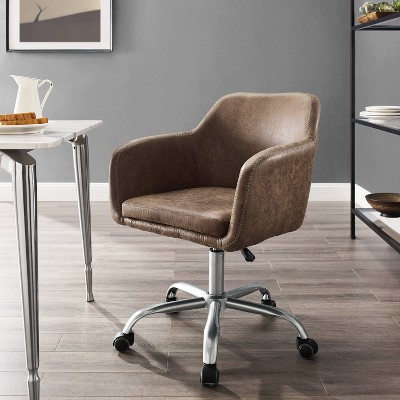 Rustic Brown Leather-Trimmed High-Back Task Chair with Zig-Zag Stitching
