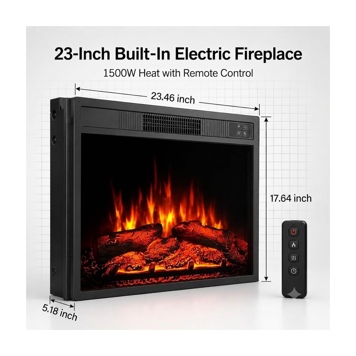 23" Recessed Electric Fireplace, 1500 W Built-In Heater box Heater for Indoor Wall Installation, Remote Control 3 Flame, 0.5-9 H Timer - thumbnail 7