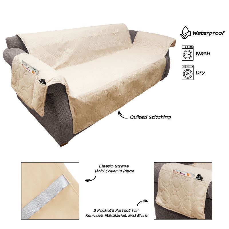 Couch Cover - 100% Waterproof Sofa Cover for Pets - 3-Cushion Pet Furniture Cover with Non-Slip Straps and Storage Pockets by PETMAKER (Tan), 3 of 7