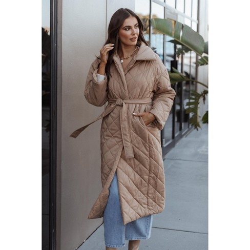 Camel collarless longline outlet coat