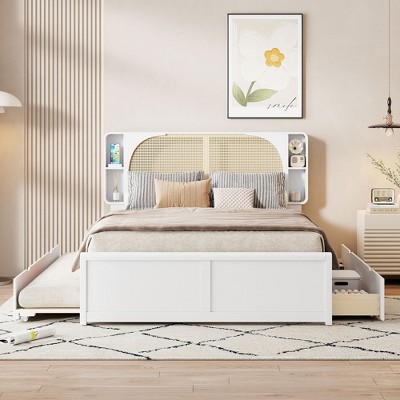 Queen Size Rattan Headboard Platform Bed with Two Drawers and Trundle - ModernLuxe