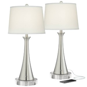 360 Lighting Karl Modern Table Lamps Set of 2 with Round Risers 29" Tall Brushed Nickel USB and AC Power Outlet in Base White Shade for Bedroom House - 1 of 4