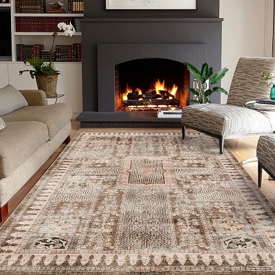 Vintage Washable Rug, Distressed Floral Low Pile Non-Slip Soft Accent Carpet for Living Room, Bedroom, Nursery, Entryway