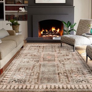 Vintage Washable Rug, Distressed Floral Low Pile Non-Slip Soft Accent Carpet for Living Room, Bedroom, Nursery, Entryway - 1 of 4
