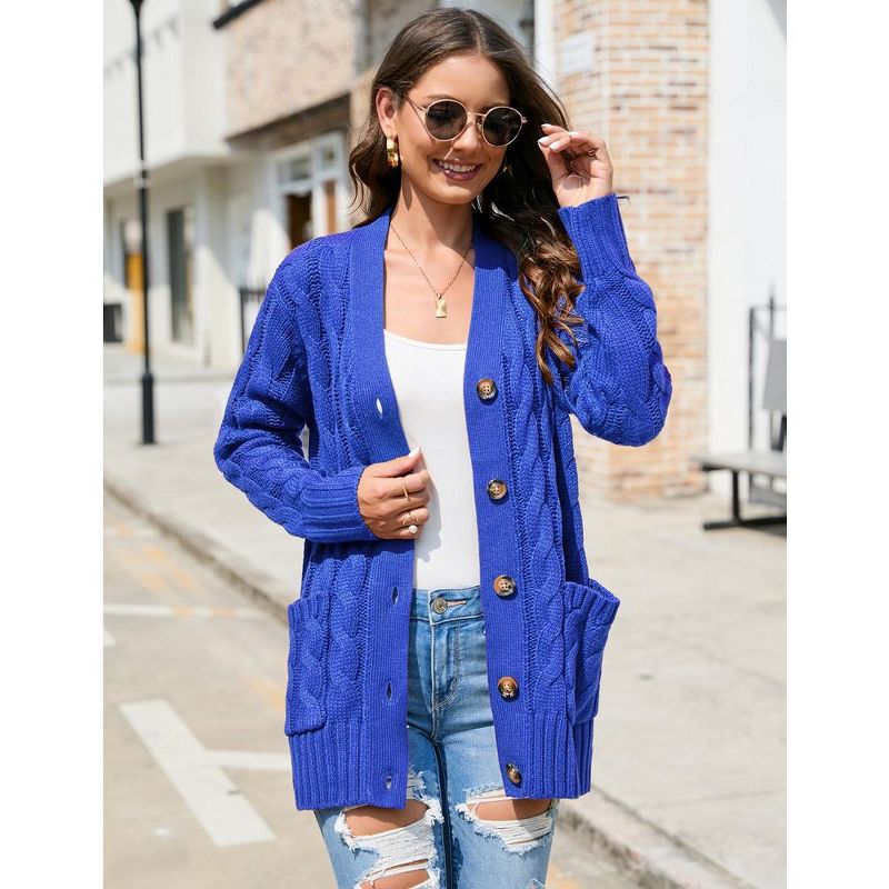Women's Open Front Cardigan Sweater with Pockets Long Sleeve Cable Knit Button Loose Cardigan Sweater Outwear, 4 of 9