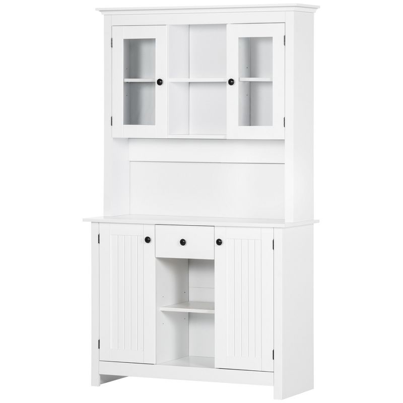 HOMCOM Freestanding Rustic Buffet with Hutch, 4 Doors Farmhouse Kitchen Pantry Cabinet, Microwave Stand with Beadboard Panel, Drawer, White, 4 of 7