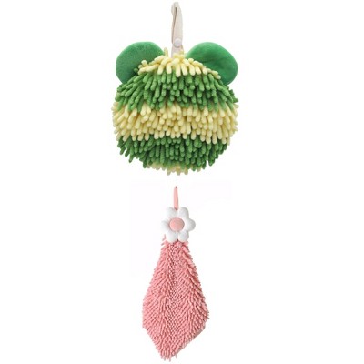 REGALWOVEN Soft Absorbent Cute Fuzzy Hanging Decorative Bathroom Chenille Hand Towel 6" x 15"/7" x 7" 2 Packs