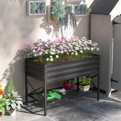 Gray Galvanized Metal Raised Garden Bed with Storage Shelf
