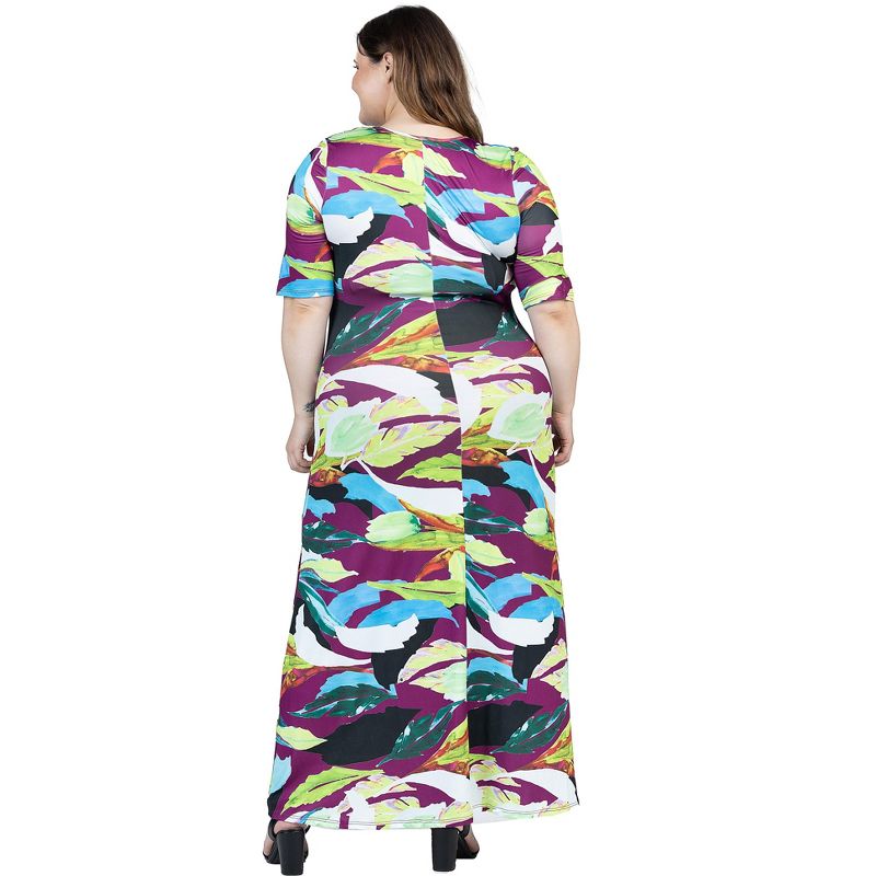 24seven Comfort Apparel Plus Size Multicolor Floral Print Elbow Sleeve Casual A Line Maxi Dress, 3 of 7
