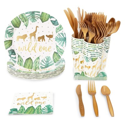 Sparkle and Bash 144 Pieces Wild One Party Supplies, Disposable Safari Plates, Napkins, Cups, Cutlery for Safari Party Decorations (Serves 24)