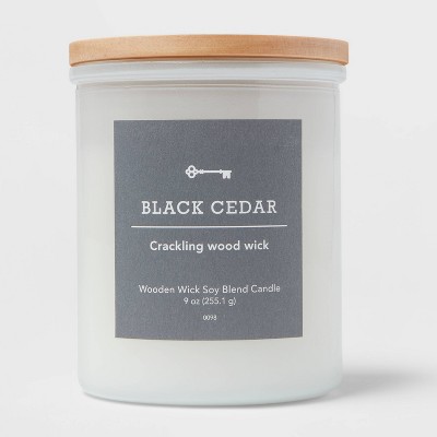 9oz Milky White Glass Woodwick Candle with Wood Lid and Stamped Logo Black Cedar - Threshold™