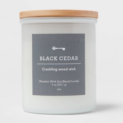 Milky White Glass Black Cedar Lidded Wooden Wick Jar Candle 9oz - Threshold™