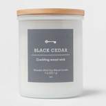9oz Milky White Glass Woodwick Candle with Wood Lid and Stamped Logo Black Cedar - Threshold™