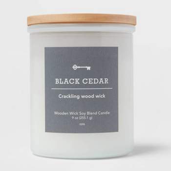 Milky White Glass Black Cedar Lidded Wooden Wick Jar Candle 9oz - Threshold™