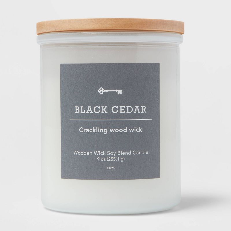 Milky White Glass Black Cedar Lidded Wooden Wick Jar Candle 9oz - Threshold&#8482;, 1 of 4