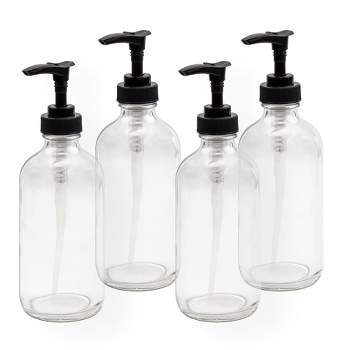 Cornucopia Brands 8oz Clear Glass Pump Bottles 4pk w/Black Plastic Pumps; for Essential Oil, Lotions, Soap Dispensers