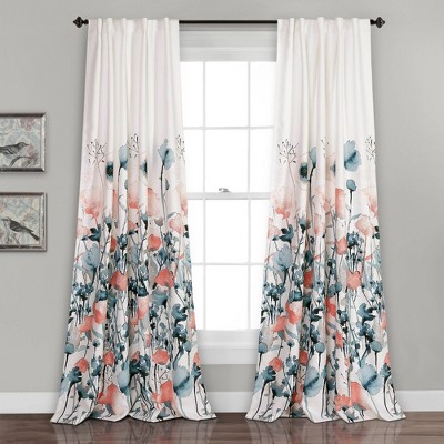 Set of 2 (95"x52") Zuri Flora Light Filtering Window Curtain Panels Blue/Coral - Lush Décor