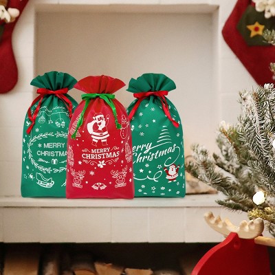 Festive Red and Green Non-Woven Christmas Drawstring Gift Bags Set