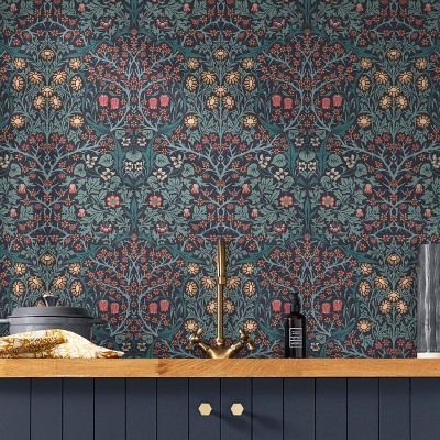 William Morris Navy Floral Vinyl Wallpaper Double Roll