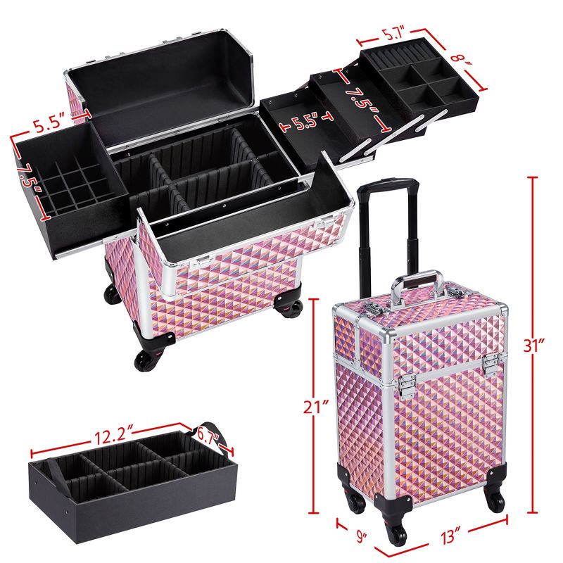 Yaheetech Rolling Makeup Train Case Professional Aluminum Cosmetic Case, 3 of 10