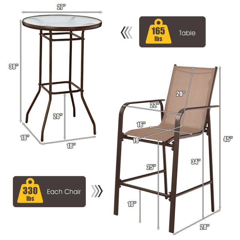 Costway 3 PCS Outdoor Patio Bar Table Stool Set Height Tempered Glass Top, 4 of 11