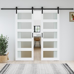 SMARTSTANDARD 80 in. & 84 in. White Glass Barn Door with Sliding Door Hardware Kit & Handle - Predrilled Ready to Assemble, 5-Lite Frosted Glass - 1 of 4