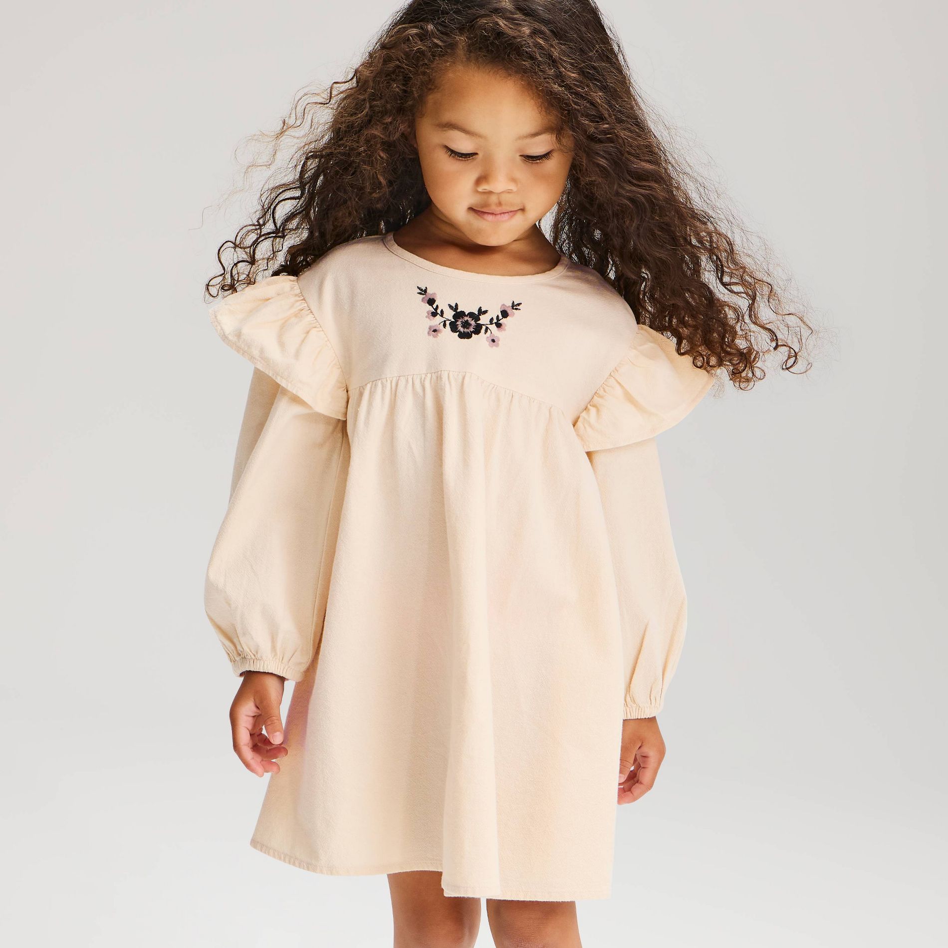 Toddler Girls' Floral Embroidered Long Sleeve Dress - Cat & Jack™ Cream 2T