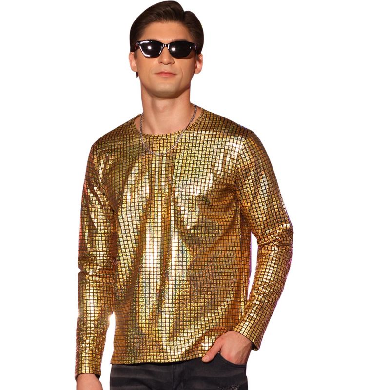 Lars Amadeus Men's Crew Neck Long Sleeves Party Club Shiny Metallic T-Shirt, 1 of 6