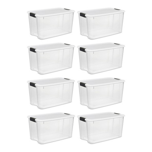 Sterilite 70 Qt Ultra Latch Box, Stackable Storage Bin with Lid, Plastic  Container with Heavy Duty Latches to Organize, Clear and White Lid, 8-Pack