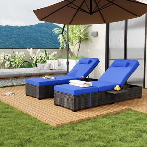 Outdoor Chaise Lounge Chairs Set of 2 with 5-Position Adjustable Backrest and Cushions for Patio Beach Deck Backyard, Brown and Blue - 1 of 4