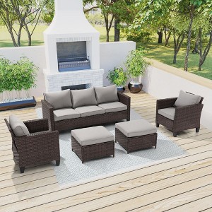 Sonkuki 5-Piece Patio Conversation Sofa Set Brown Rattan with Widen Armrest - 1 of 4