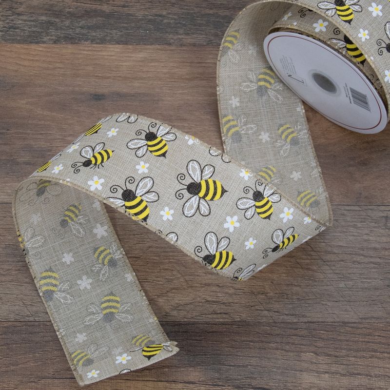 Northlight Natural Burlap Bumblebee Design Wired Spring Craft Ribbon 2.5" x 10 Yards, 2 of 4