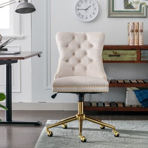 A&A Furniture Office Chair,Velvet Upholstered Tufted Button Home Office Chair with Golden Metal Base,Adjustable Desk Chair Swivel Office Chair (Beige) - 1 of 4