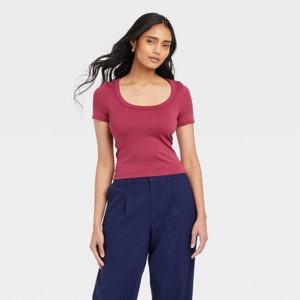 Women's Slim Fit Seamless Short Sleeve Square Neck Baby T-Shirt - A New Day™ Dark Pink - 1 of 4
