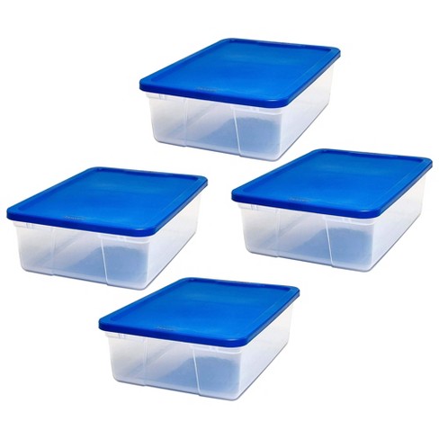 Iris 15 Gallon Clear Plastic Storage Boxes with Blue Lid, Pack of 4