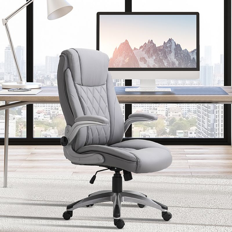 Vinsetto High Back 360° Swivel Ergonomic Home Office Chair with Flip Up Arms, Faux Leather Computer Desk Rocking Chair, Grey, 4 of 10